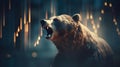 AI generated illustration of a large bear in a dark environment, showing its sharp teeth