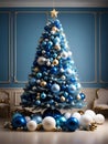 AI generated illustration of a blue Christmas tree adorned with gold, silver, and white decorations Royalty Free Stock Photo