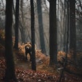 AI generated illustration of a large brown bear stands on a winding forest path