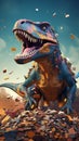 AI generated illustration of a large dinosaur standing on a pile of coins against a vibrant blue sky Royalty Free Stock Photo