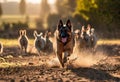 a large dog running in the dirt with a bunch of dogs behind it