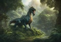 AI generated illustration of a large fantasy dragon standing in an overgrown forest scene Royalty Free Stock Photo