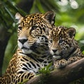 AI generated illustration of large felines lounging on a tree branch surrounded by foliage