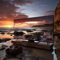 AI generated illustration of a large flat screen television on a sandy beach reflecting the sea