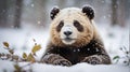 AI generated illustration of a large, fluffy panda bear is perched atop a bed of snow-covered shrubs