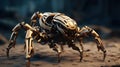 AI generated illustration of a large, golden-colored robotic crab perched atop a soil-covered ground