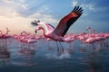 AI generated illustration of A group of pink flamingos taking a leisurely swim in a tropical lagoon