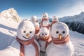 AI generated illustration of a large group of snowmen standing on a snow-covered hill