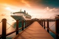 AI generated illustration of a large, luxurious cruise liner moored at the end of a long dock Royalty Free Stock Photo