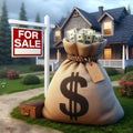 AI-generated illustration of a large money bag filled with cash, placed in front of a home for sale