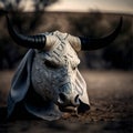 AI generated illustration of a large, muscular bull mask with horns resting on the ground