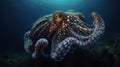 AI generated illustration of a large octopus resting on the seafloor, surrounded by ocean waters