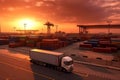 AI generated illustration of a large port, a series of cargo trucks in the fading light of sunset Royalty Free Stock Photo