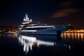 Large private yacht at night docked illuminated LED