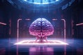 AI generated illustration of a large realistic brain illuminated by neon light in a dark room