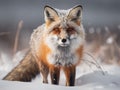 AI generated illustration of A large red fox standing poised in a snowy field