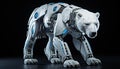 AI generated illustration of a large robotic white bear on a black surface