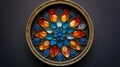 AI generated illustration of a large round glass brooch with vibrant interior gemstones