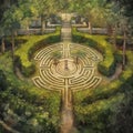AI-generated illustration of a large, round maze on lush green grass surrounded by tall trees Royalty Free Stock Photo