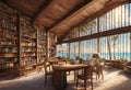 AI generated illustration of a large rustic library with ocean view windows Royalty Free Stock Photo