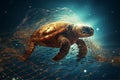 AI generated illustration of a large sea turtle swims through ensnared in a large fishing net Royalty Free Stock Photo