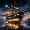 a full moon is shining in the sky behind a large ship Royalty Free Stock Photo