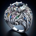 AI generated illustration of a large stylish silver ring features a unique design with diamonds