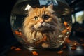 AI generated illustration of A large tabby cat in a bowl of fish, looking curiously at the contents