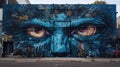 large wall painted with blue graffiti of a large face with big eyes