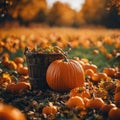 AI-generated illustration of a wicker basket overflowing with an assortment of colorful pumpkins