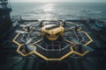 AI generated illustration of a large yellow delivery drone flying over the sea, supplying oil rigs