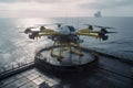 AI generated illustration of a large yellow delivery drone flying over the sea, supplying oil rigs