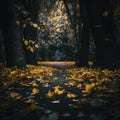 AI-generated illustration of leaves falling on a pathway in the middle of the woods during autumn Royalty Free Stock Photo