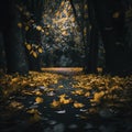 AI-generated illustration of leaves falling on a pathway in the middle of the woods during autumn