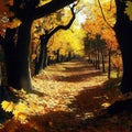 AI-generated illustration of leaves falling on a pathway in the middle of the woods during autumn Royalty Free Stock Photo