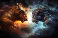 AI generated illustration of the leo and taurus zodiac signs in a battle among a cosmic nebula