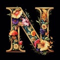 AI generated illustration of the letter 'N' in gold with intricate floral and vine details Royalty Free Stock Photo