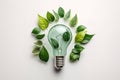 AI generated illustration of A lightbulb on a white surface surrounded by green leaves Royalty Free Stock Photo