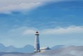 AI generated illustration of a lighthouse against a bright blue sky filled with white puffy clouds