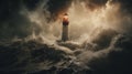 A bright lighthouse shining in the storm.