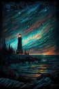 AI generated illustration of a lighthouse under the northern lights