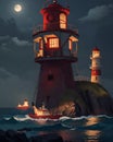 AI generated illustration of lighthouses on a rocky island guiding ships in a full moon night