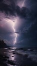 AI generated illustration of lightning strikes at beach during stormy night with clouds Royalty Free Stock Photo