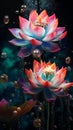 AI generated illustration of lilies in water, illuminated by bubbles floating in the background