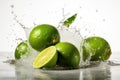 AI generated illustration of limes with liquid droplets splashing up on a white background Royalty Free Stock Photo
