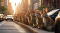 AI-generated illustration of a line of fluffy rabbits sitting by the side of a road