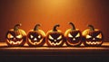 AI generated illustration of a line of pumpkins lit by a single light source Royalty Free Stock Photo