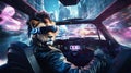 AI generated illustration of a lion in futuristic VR glasses driving a car