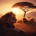 Resting lion on the savannah, AI generated Illustration