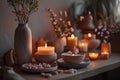 AI generated illustration of lit candles and vases of flowers on a wooden shelves Royalty Free Stock Photo